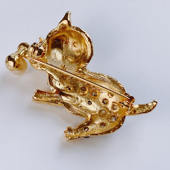 VTG Whimsical Figural Cat Brooch Gold Tone Red Blue Rhinestone Playful Pin - Picture 7 of 8